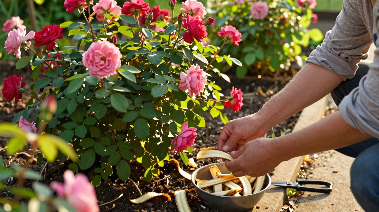 Pessoa a preparar tiras de plantas junto a uma roseira florida com flores cor-de-rosa num jardim.