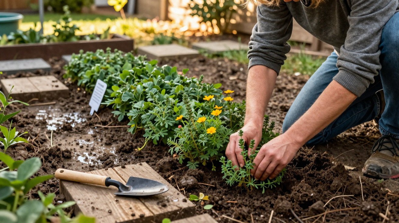 Pessoa a plantar uma muda numa horta, com ferramenta de jardim e plantas floridas ao redor.