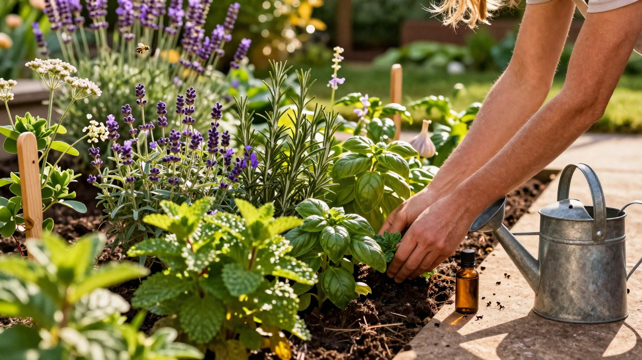 Pessoa a cuidar de plantas num jardim com flores de lavanda e um regador metálico ao lado.