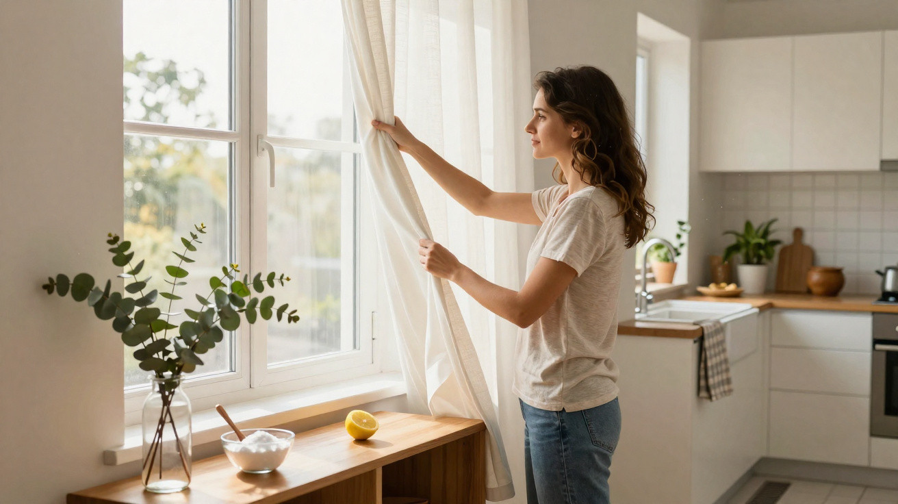 Mulher a abrir cortinas brancas numa cozinha luminosa com plantas e objetos na bancada.