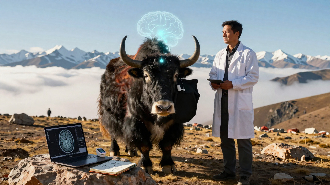 Homem de bata branca com iaque preto num campo montanhoso, laptop e caderno sobre pedra.