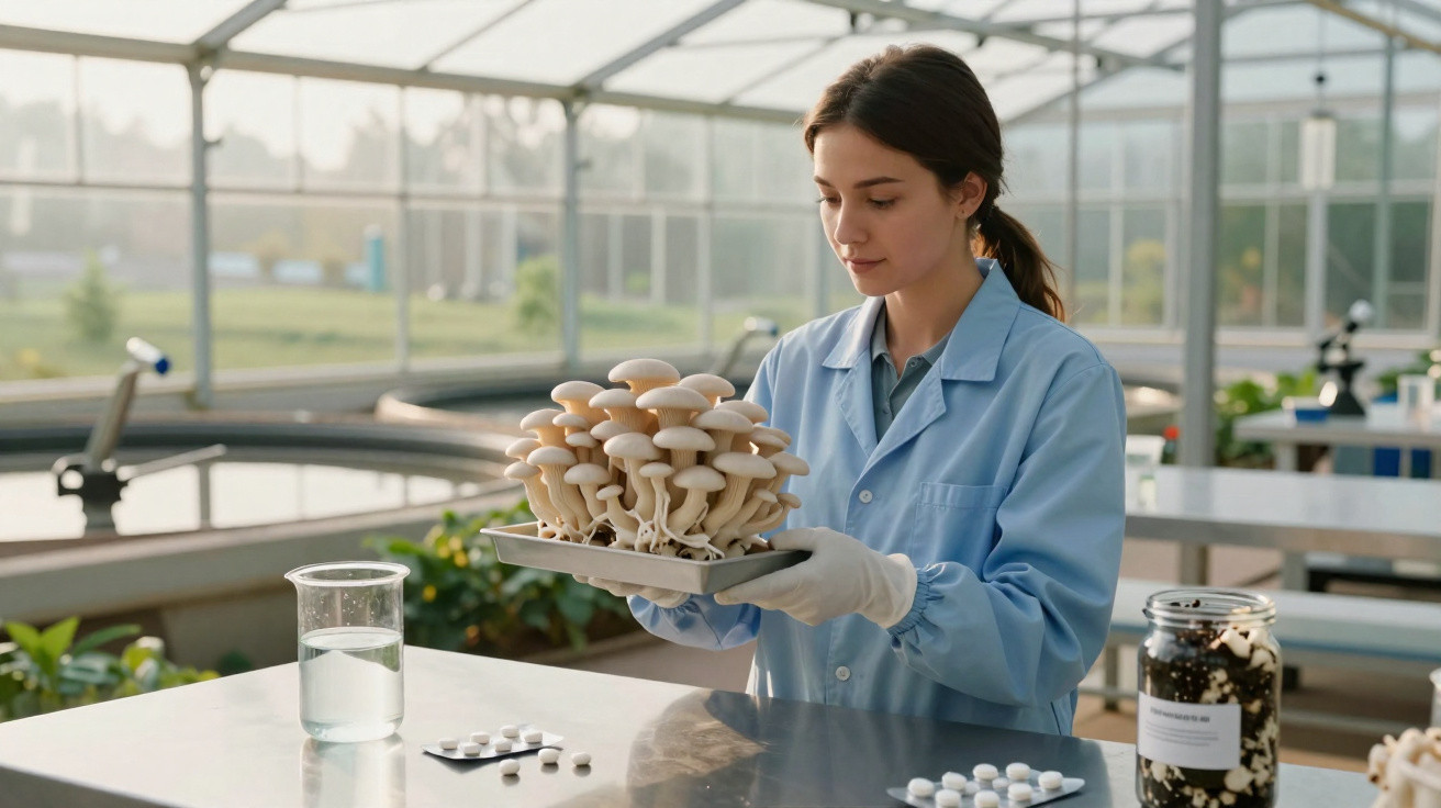 Jovem cientista em laboratório a observar cogumelos cultivados numa bandeja.
