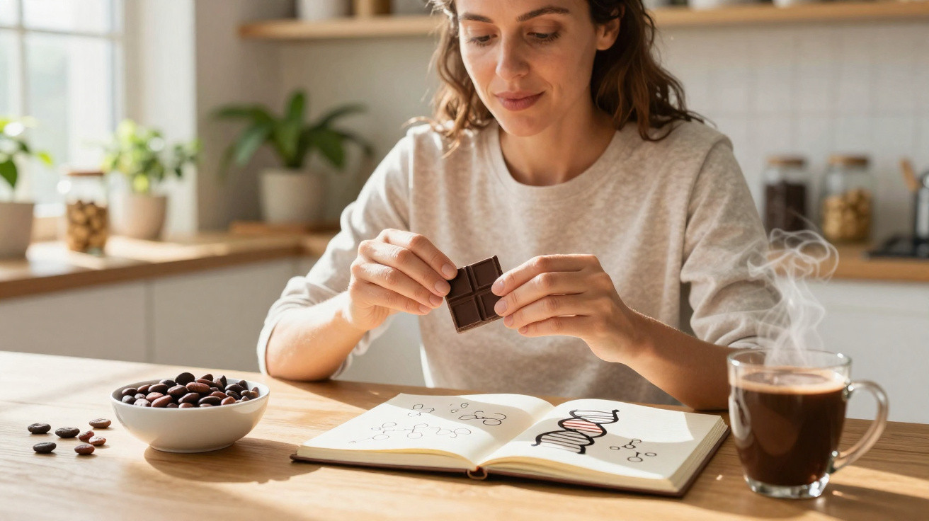 Mulher sentada à mesa, segurando chocolate, com caderno de desenhos científicos e chá quente.