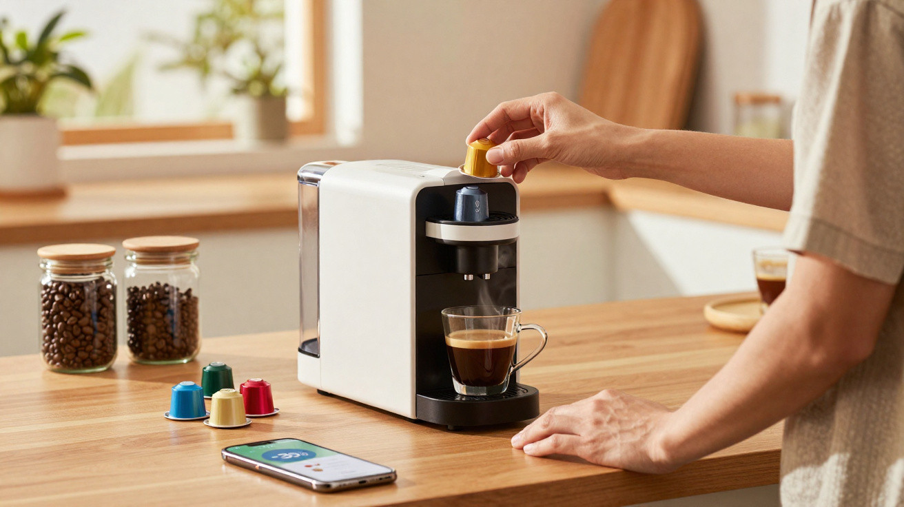 Pessoa a preparar café com máquina de cápsulas numa cozinha moderna, com frascos de café e smartphone na bancada.