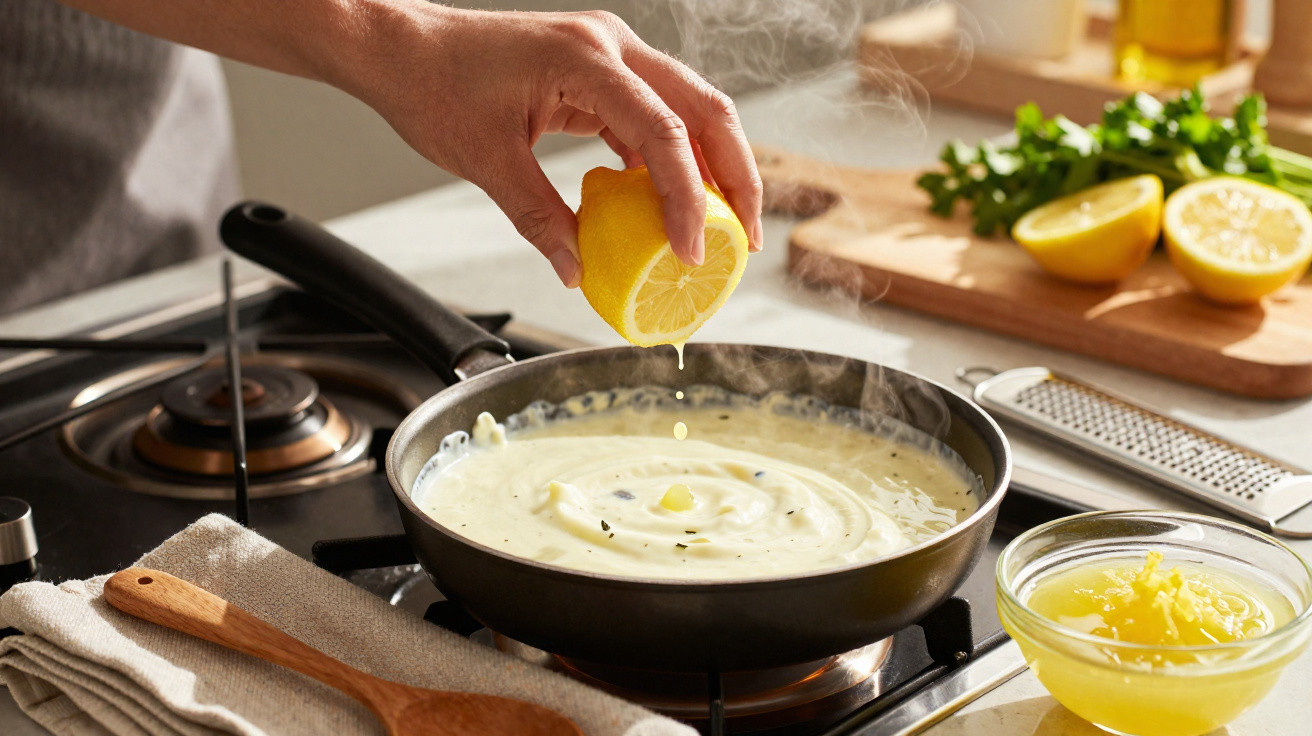 Mão a espremer limão sobre molho cremoso numa frigideira ao lume numa cozinha moderna.