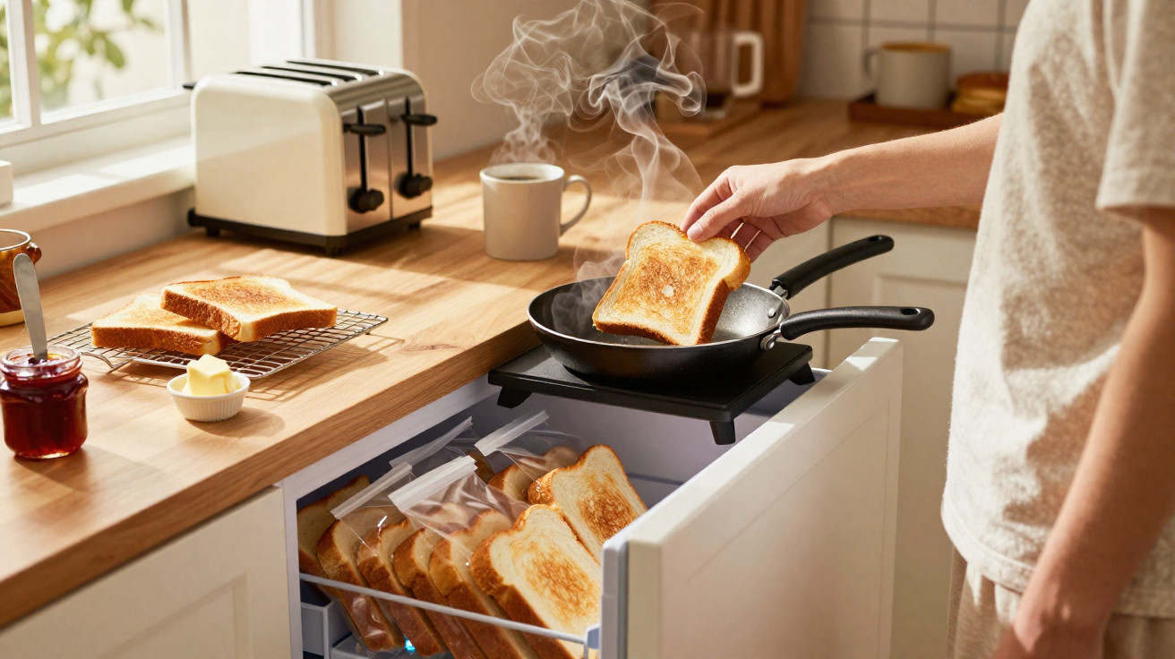 Pessoa a torrar fatia de pão numa frigideira numa cozinha iluminada, com torradeira e pão na bancada.