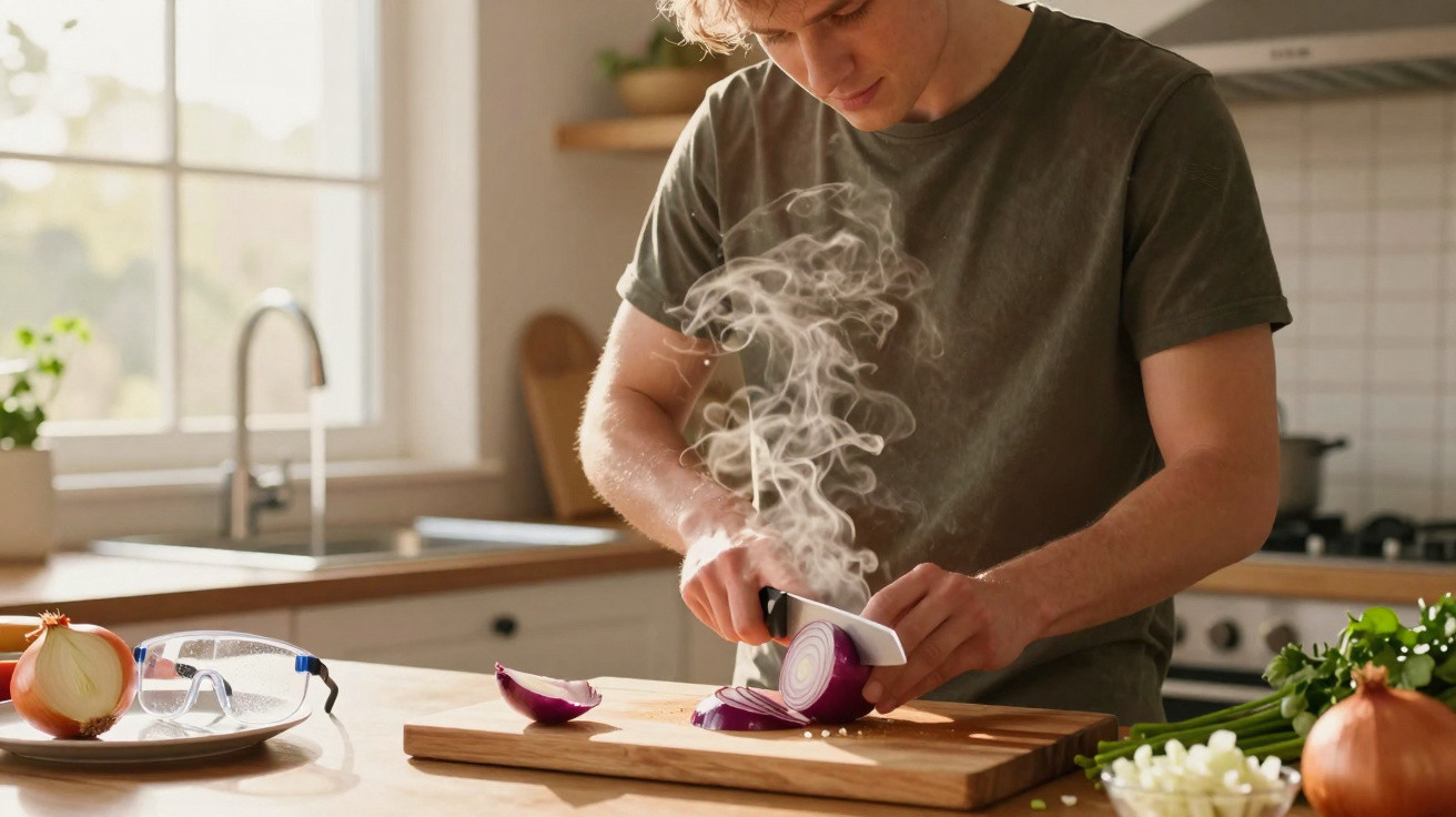 Pessoa a cortar cebola roxa num tábua de madeira com vapor visível numa cozinha bem iluminada.