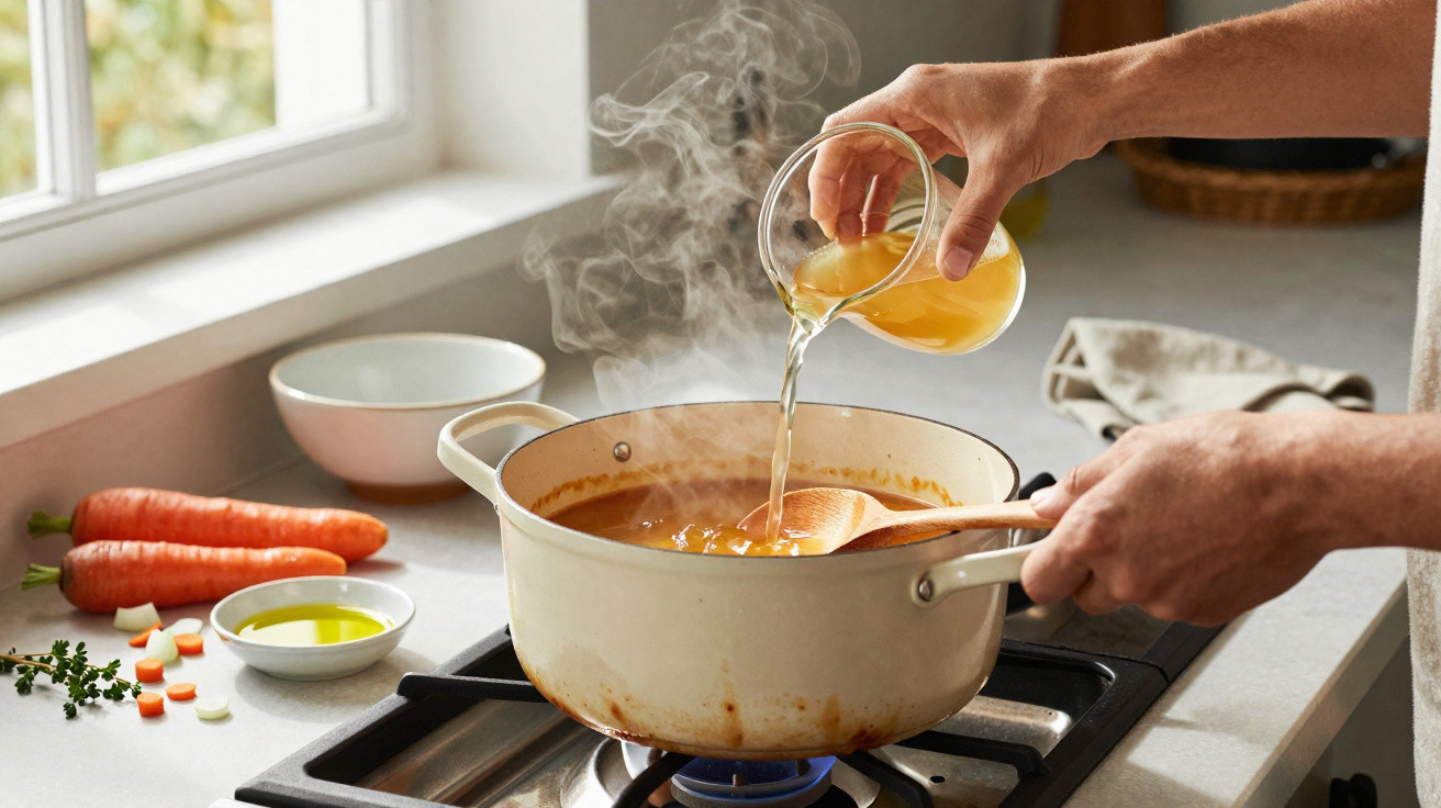 Mãos a cozinhar, a verter azeite numa panela quente com sopa a cozinhar num fogão a gás.