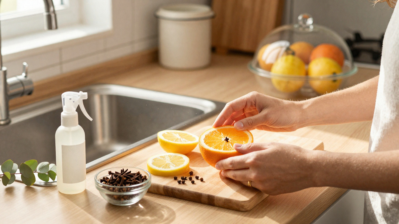 Mãos seguram laranja cortada ao meio numa tábua com limão, cravos e spray, numa cozinha iluminada.
