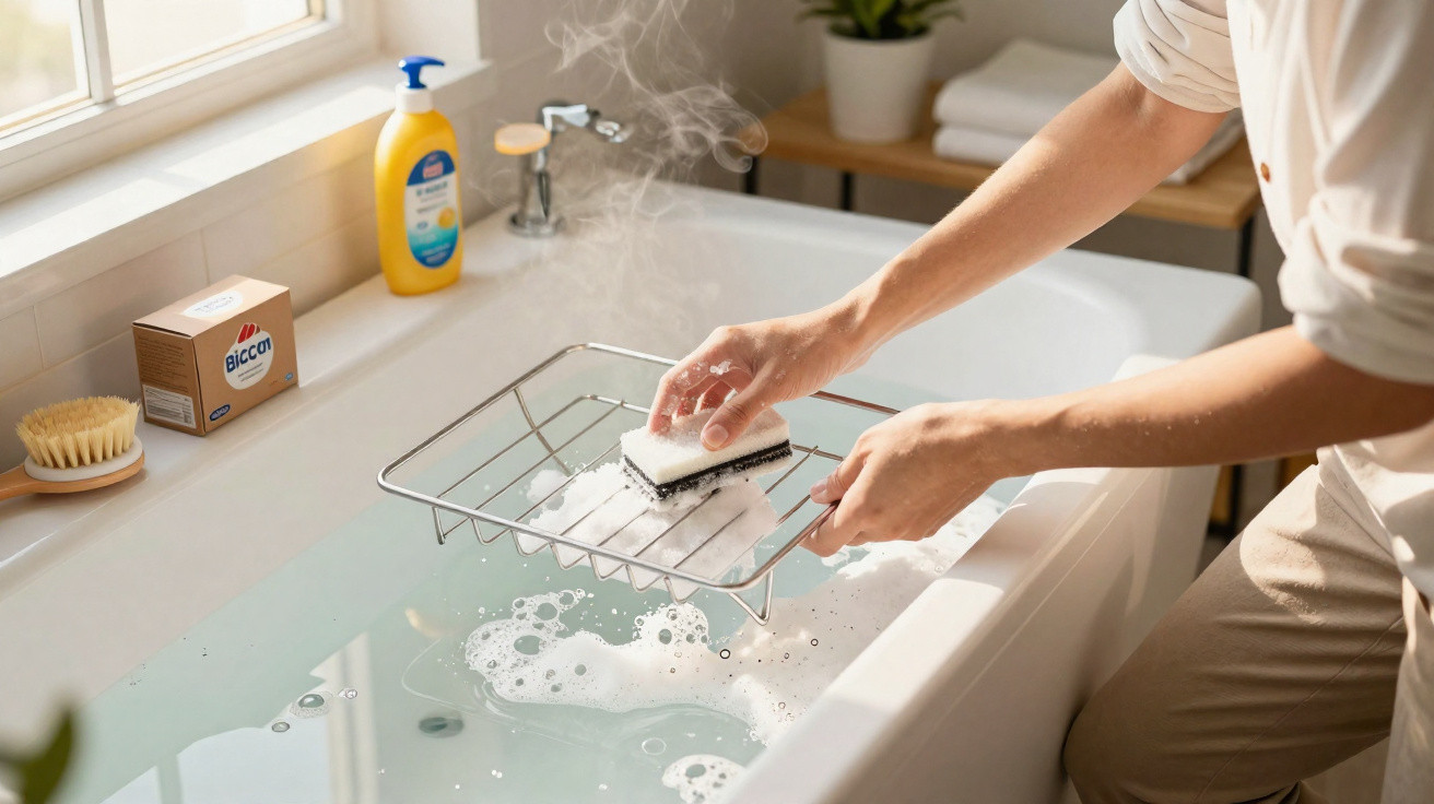 Mãos a criar espuma com uma escova para banho com água quente e vapor numa banheira branca.