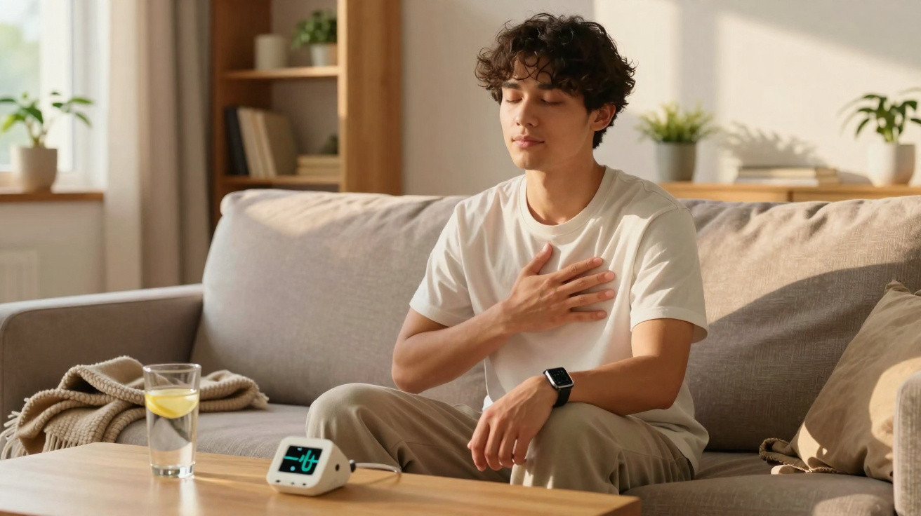 Homem sentado no sofá com olhos fechados, mão no peito, a relaxar enquanto monitora os batimentos cardíacos.