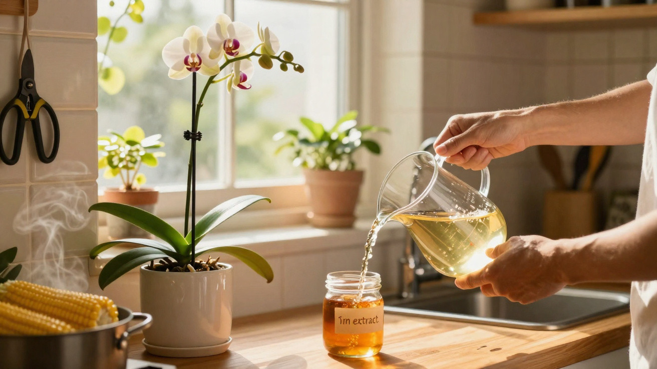 Mãos a servir chá quente numa jarra de vidro numa bancada de cozinha com orquídea e mel ao lado.