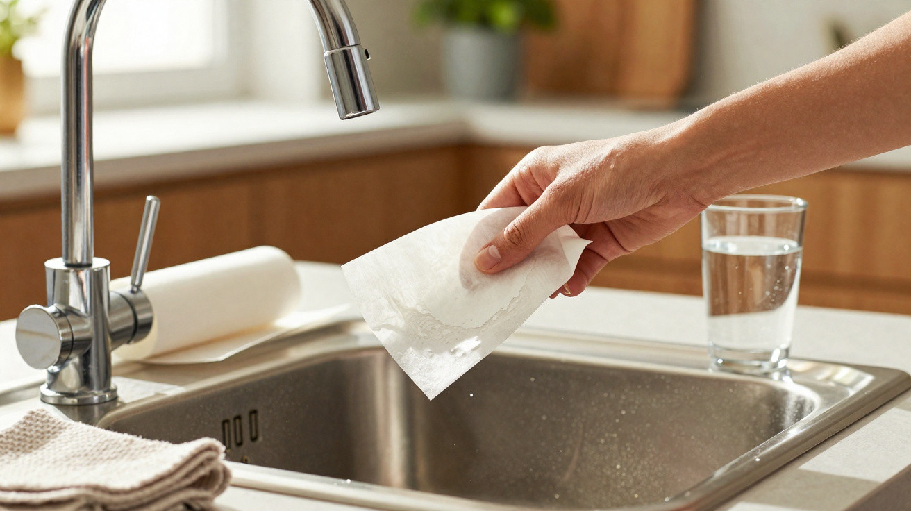 Pessoa a limpar a torneira da cozinha com um papel húmido junto a um rolo de papel e um copo de água.