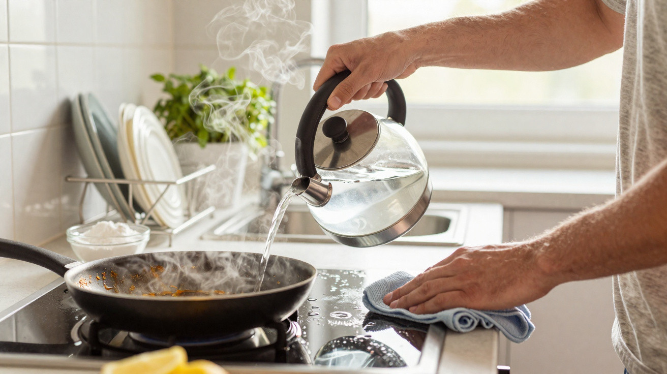 Pessoa a despejar água a ferver de um bule para uma frigideira no fogão a gás numa cozinha iluminada.