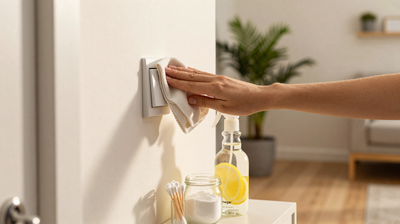 Pessoa a limpar interruptor de luz com pano num ambiente luminoso e minimalista.