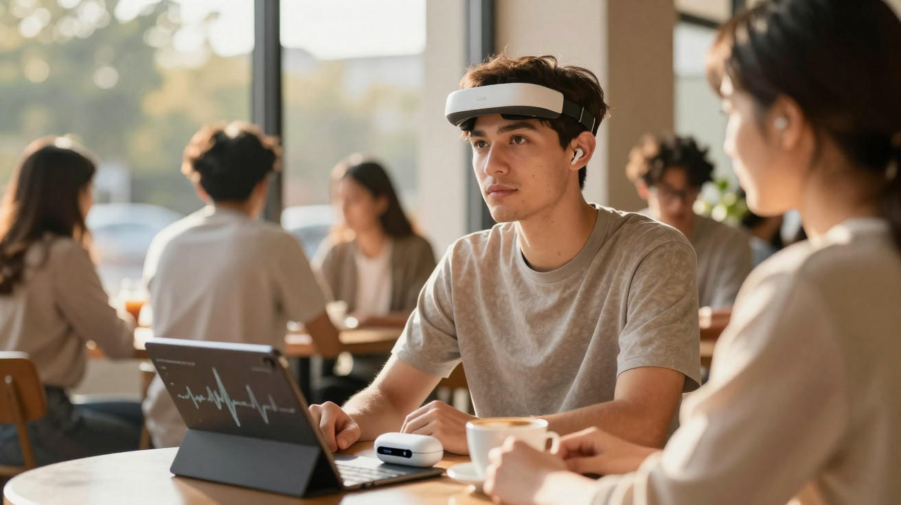 Homem jovem a usar headset de neurofeedback enquanto trabalha num tablet num café movimentado.