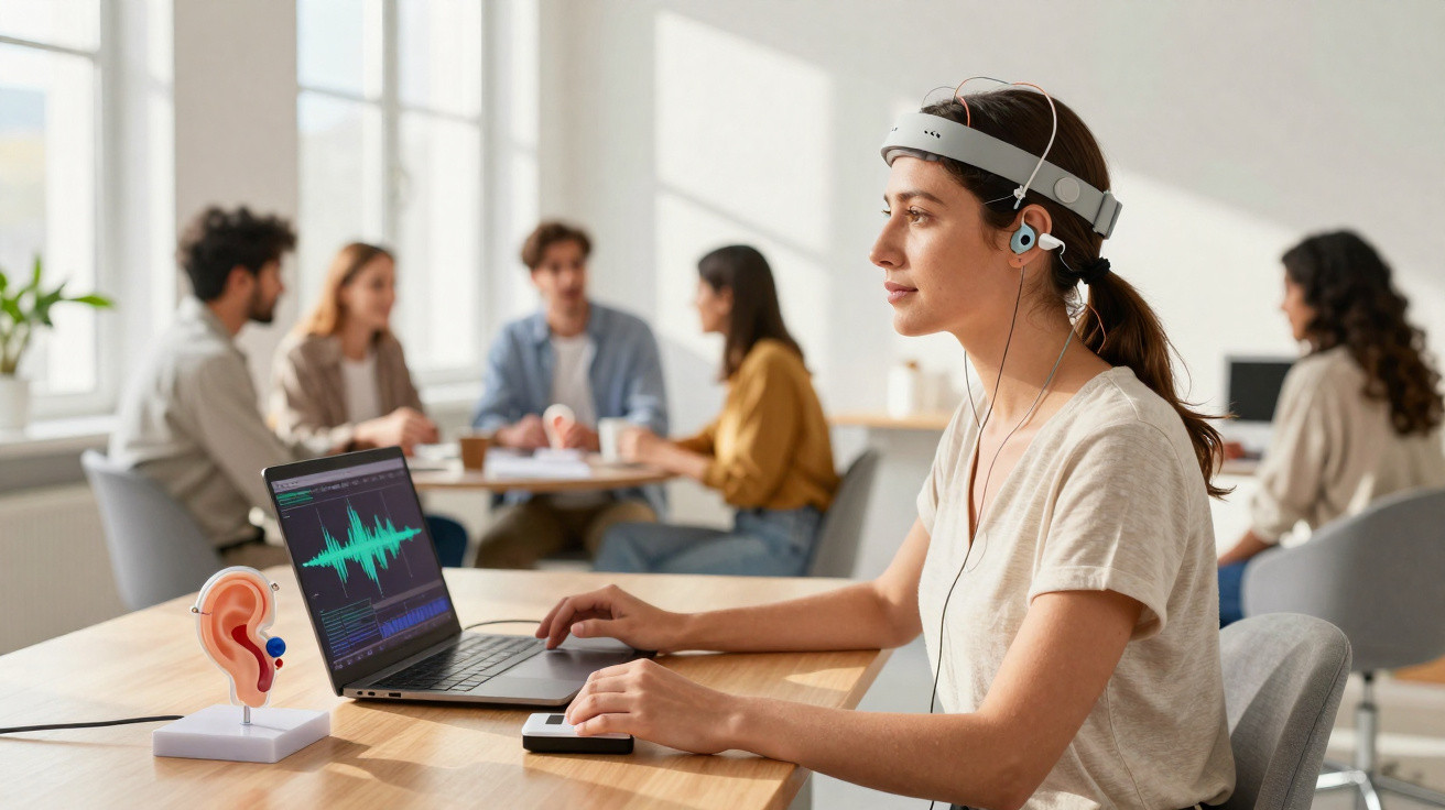 Mulher com equipamento de EEG a analisar ondas cerebrais em laptop, com modelo de ouvido na mesa.