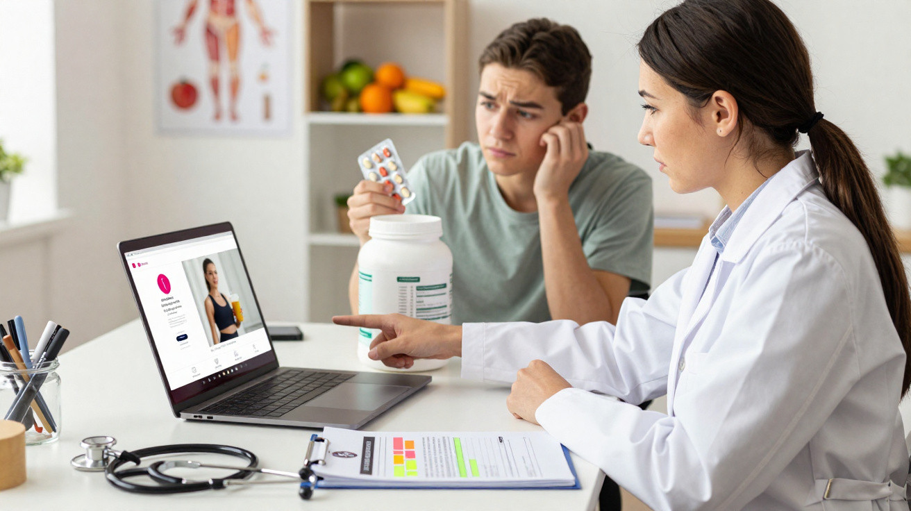 Médica consulta rapaz e mostra informações sobre suplementos em laptop durante a sessão.
