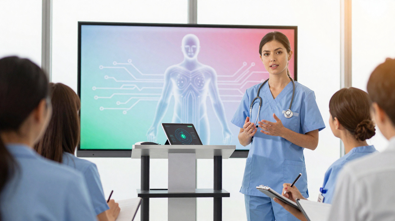 Enfermeira a fazer apresentação médica para equipa de profissionais de saúde numa sala de reuniões moderna.