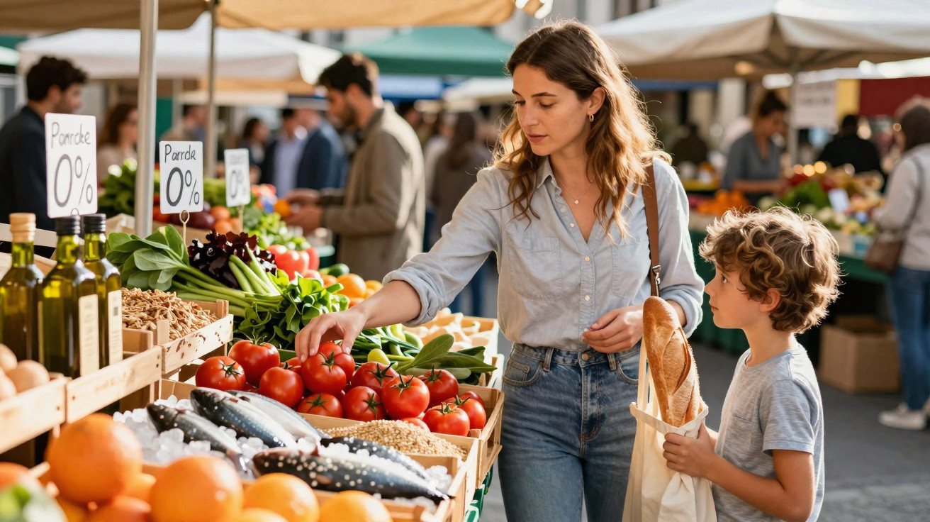 Mulher e criança a escolher tomates numa banca de mercado ao ar livre, com legumes frescos à volta.