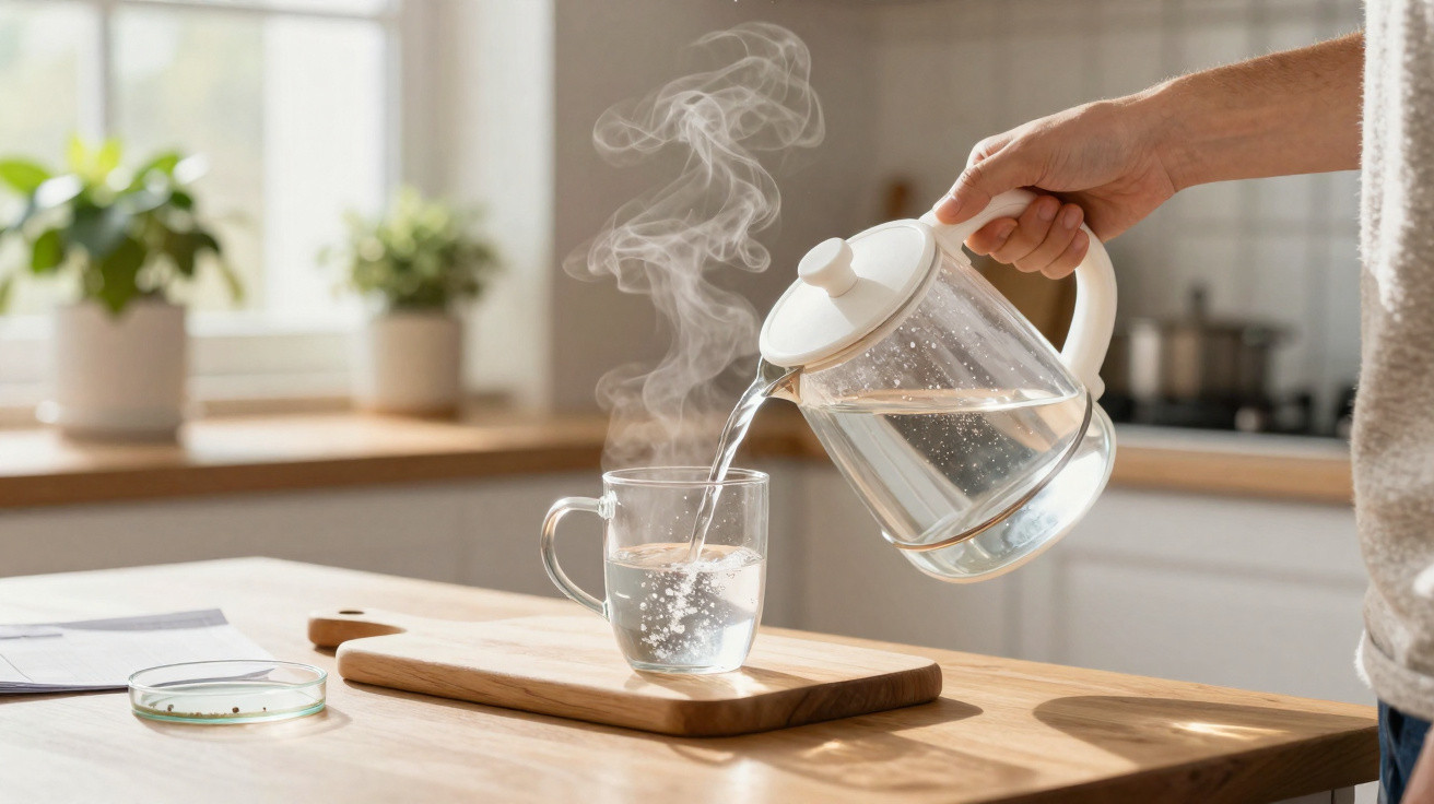 Pessoa a verter água quente de um jarro para uma chávena de vidro numa cozinha iluminada.