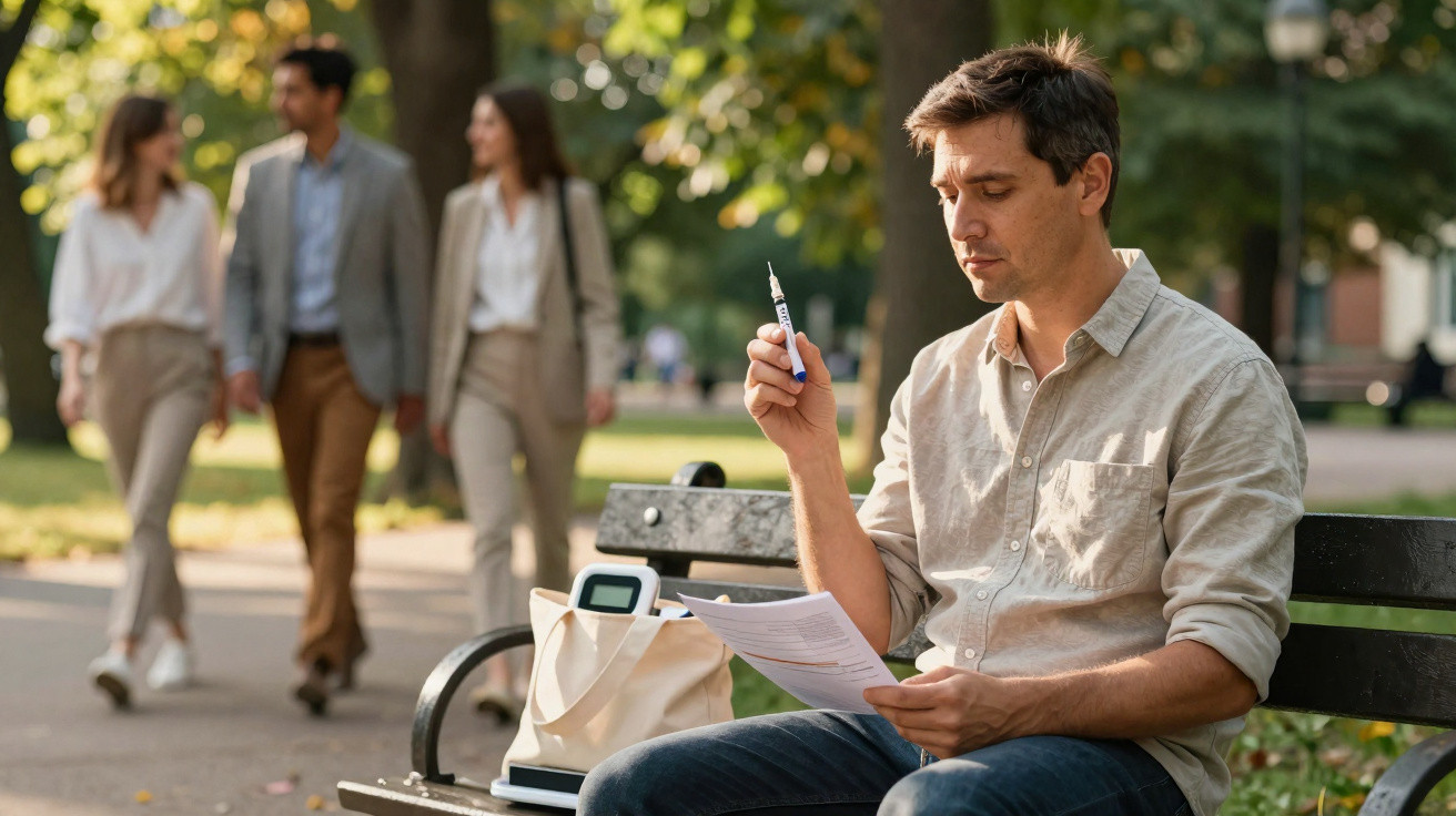 Homem sentado num banco num parque, a ler um documento e a usar um vaporizador.