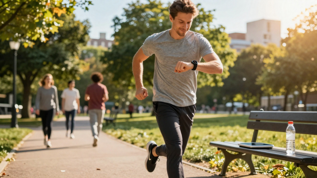 Homem a correr num parque urbano, verificando o tempo no relógio desportivo no pulso.