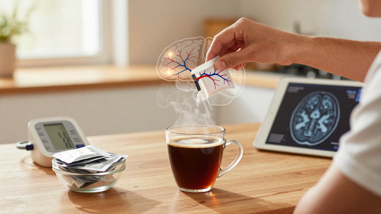 Pessoa a adicionar adoçante a chá enquanto estudo cérebro e scanner cerebral no tablet.