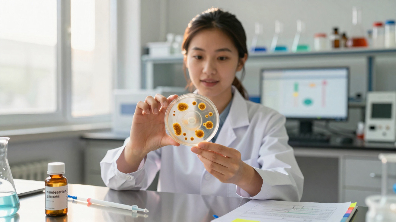 Cientista a analisar placa de petri com culturas em laboratório moderno e iluminado.