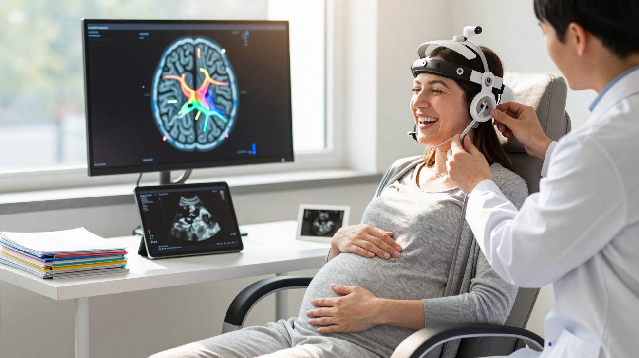 Mulher grávida sorridente usa capacete de EEG enquanto médica ajusta equipamento num consultório.