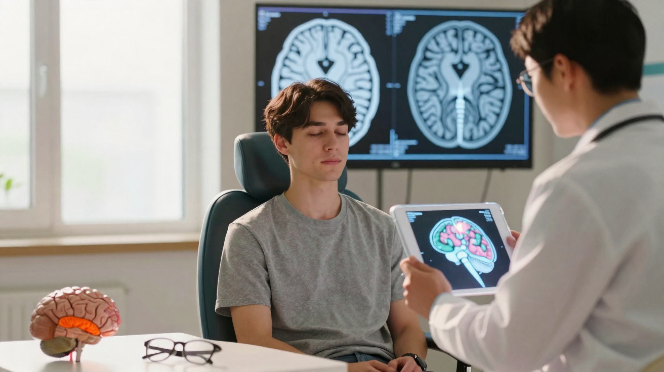 Homem jovem com olhos fechados sentado em consulta médica com exames cerebrais digitais à sua frente.