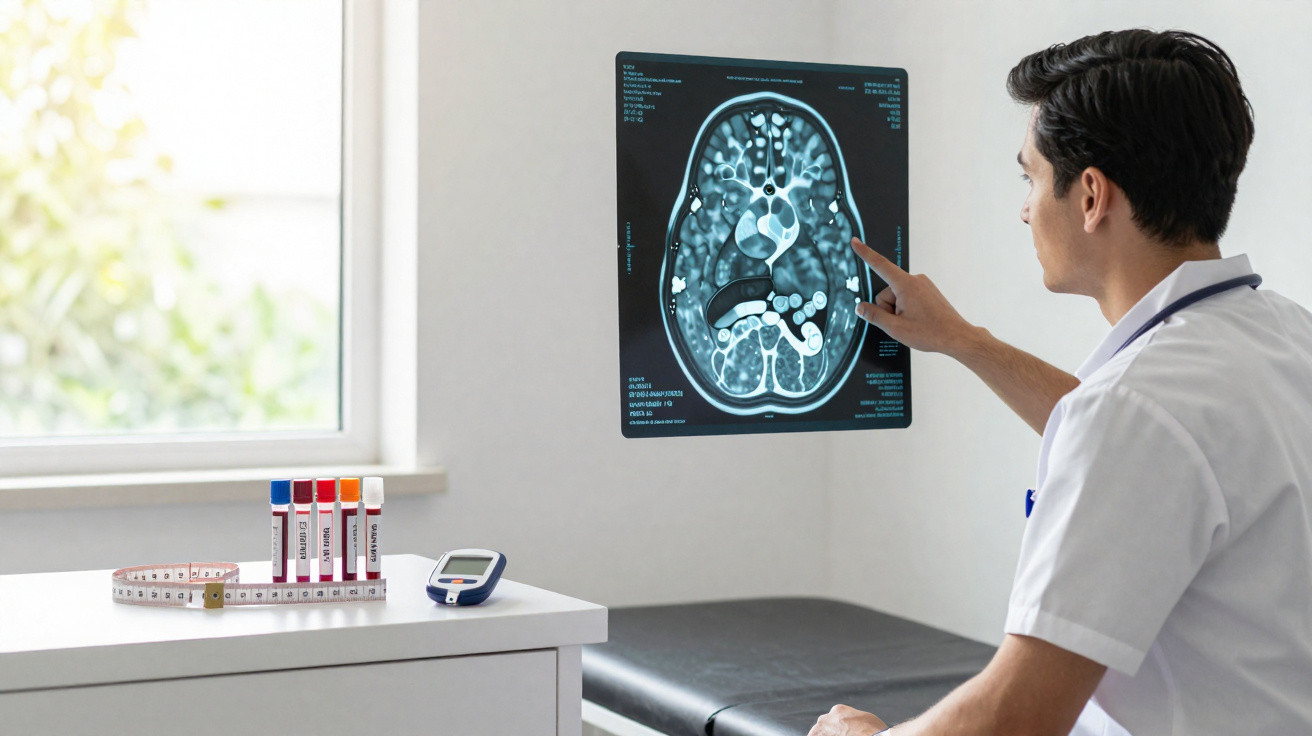 Médico e paciente discutem resultados de exames de imagem de rins numa consulta num consultório iluminado.