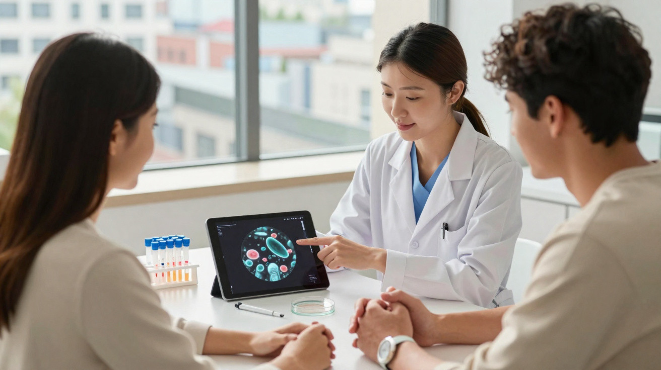 Médico a explicar a paciente resultados de análise de sangue num tablet numa sala de consulta iluminada.