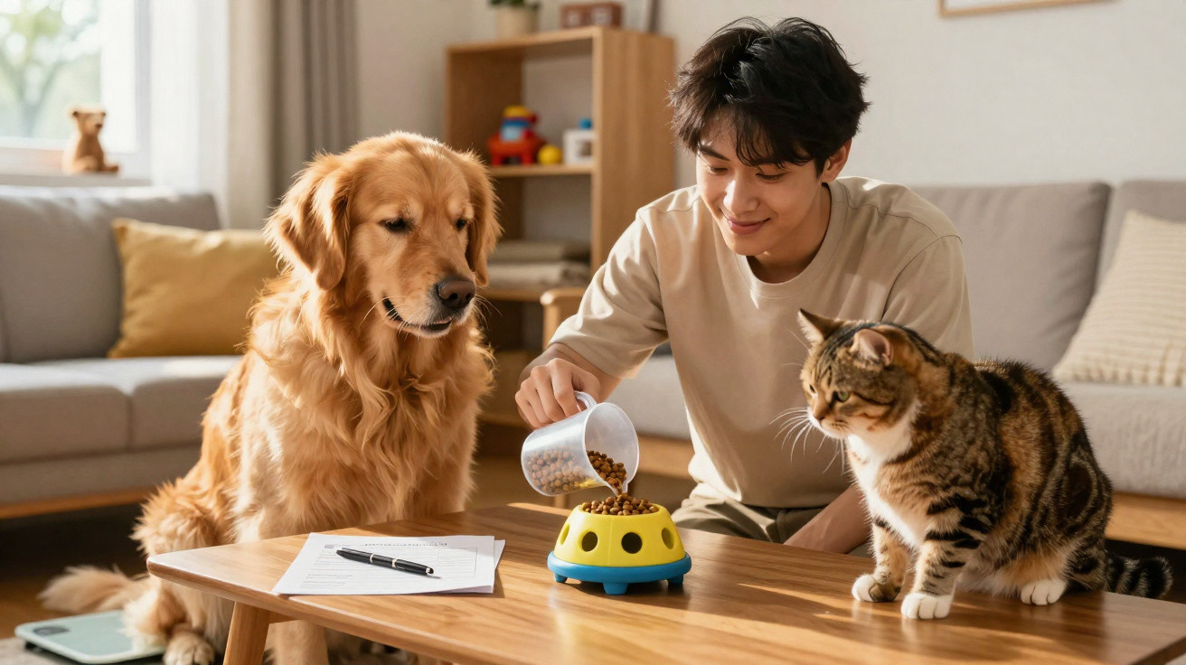 Jovem a colocar comida num comedouro enquanto um cão dourado e um gato tricolor observam atentos na sala.
