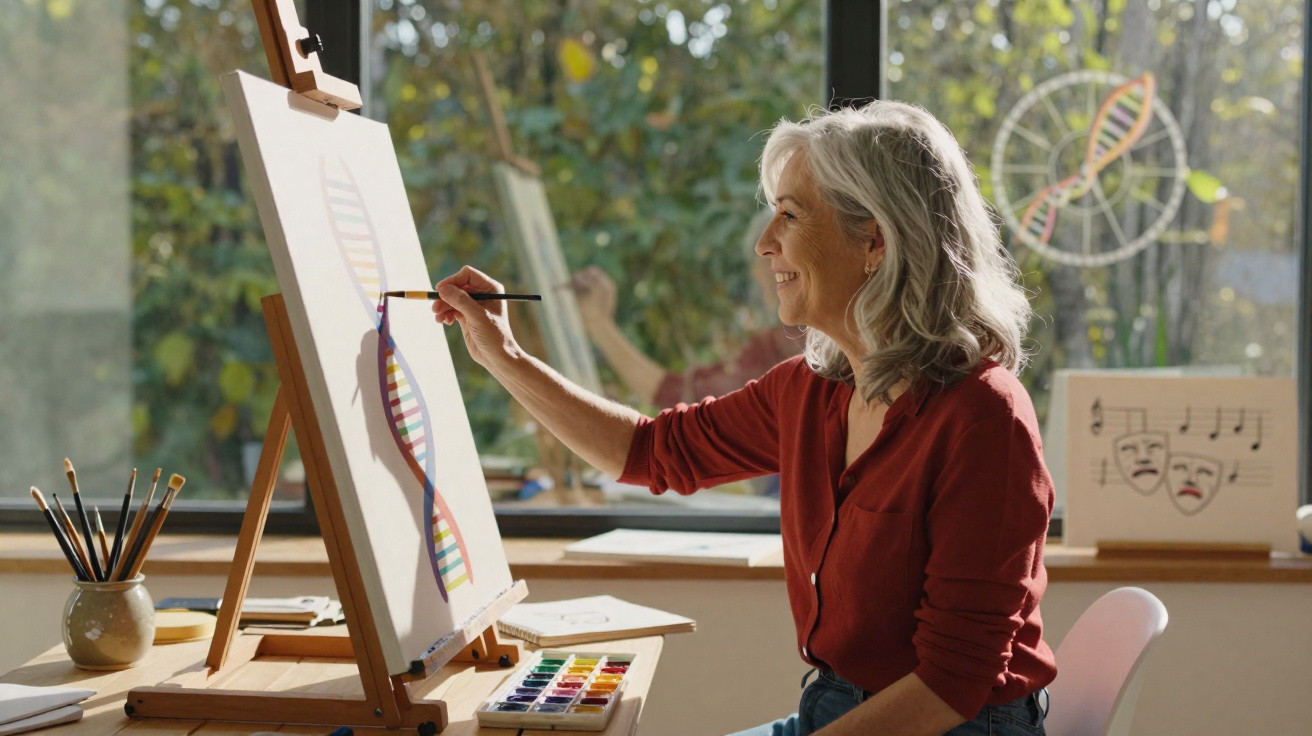 Mulher idosa a pintar uma cadeia de ADN colorida numa tela, num estúdio com luz natural.