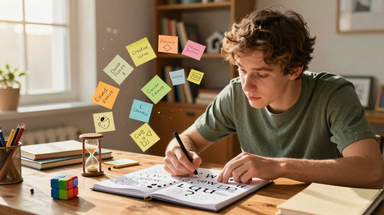 Jovem a estudar símbolos num livro, rodeado de notas adesivas coloridas e lápis numa mesa de madeira.