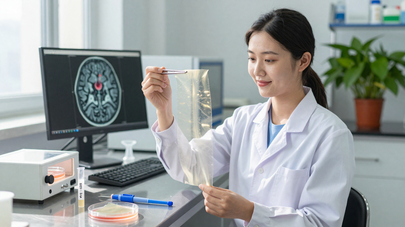 Cientista de bata branca analisa lâmina de microscópio num laboratório com imagem cerebral no ecrã do computador.