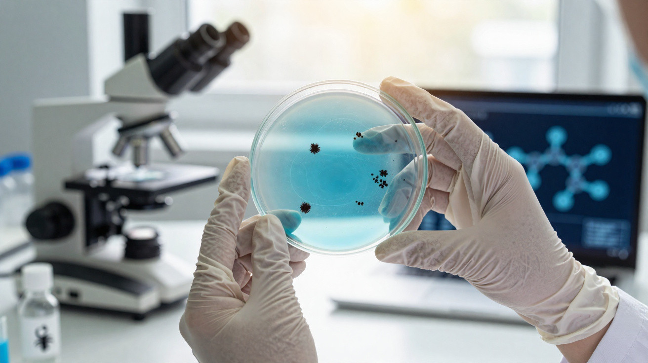 Cientista com luvas a segurar placa de Petri com cultura azul em laboratório, microscópio ao fundo.
