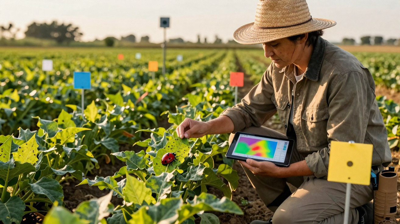 Agricultor com chapéu a analisar planta com tablet numa plantação ao ar livre durante o dia.