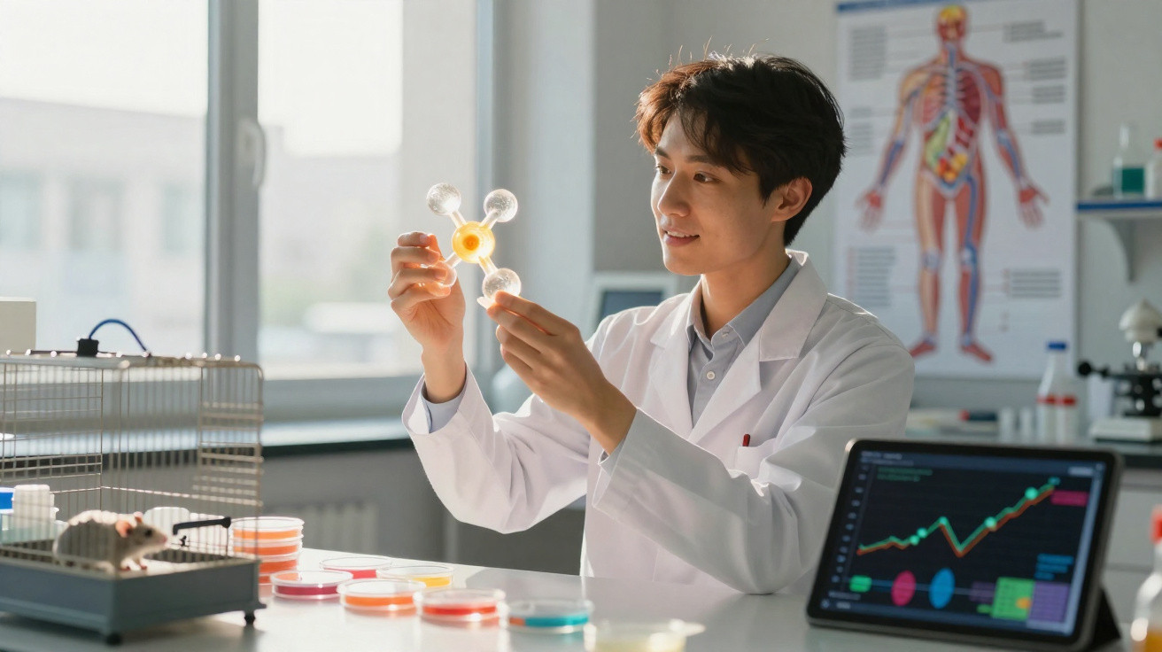 Cientista com bata branca examina modelo molecular numa sala de laboratório com rato e gráfico no tablet.