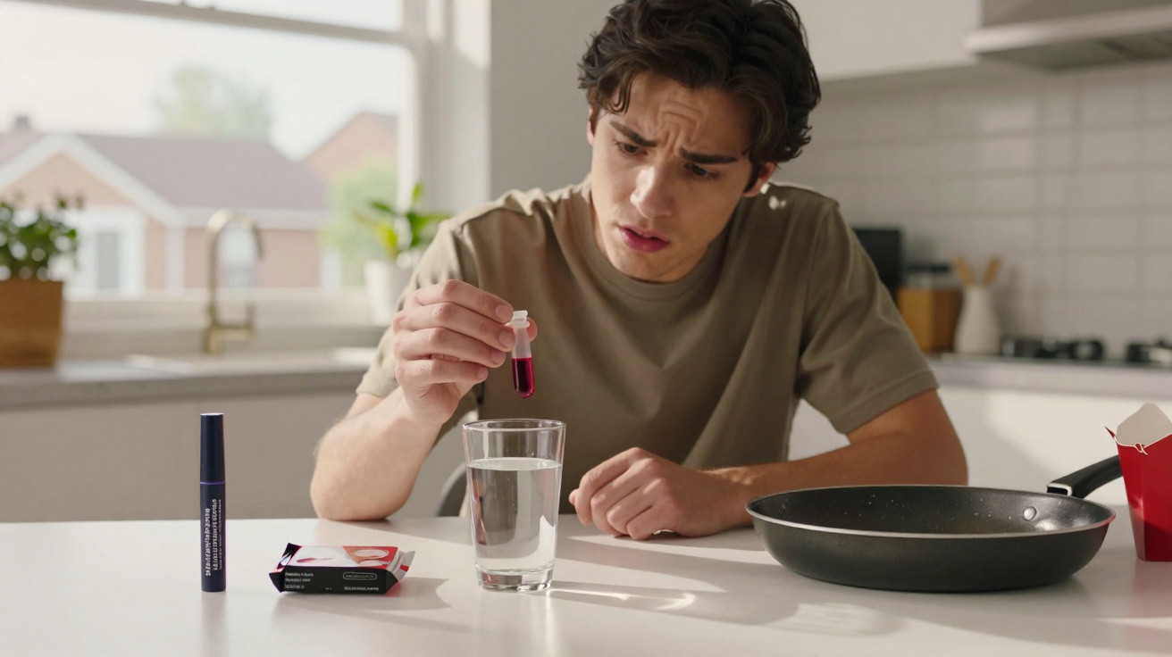 Jovem sentado à mesa da cozinha segurando um teste com amostra de sangue sobre uma frigideira.