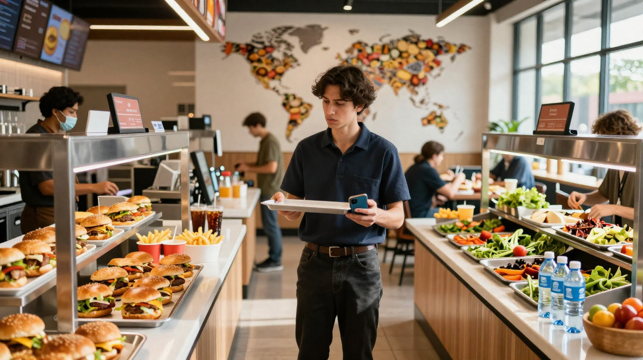 Jovem escolhe comida num restaurante self-service com hambúrgueres, batatas fritas, saladas e bebidas.