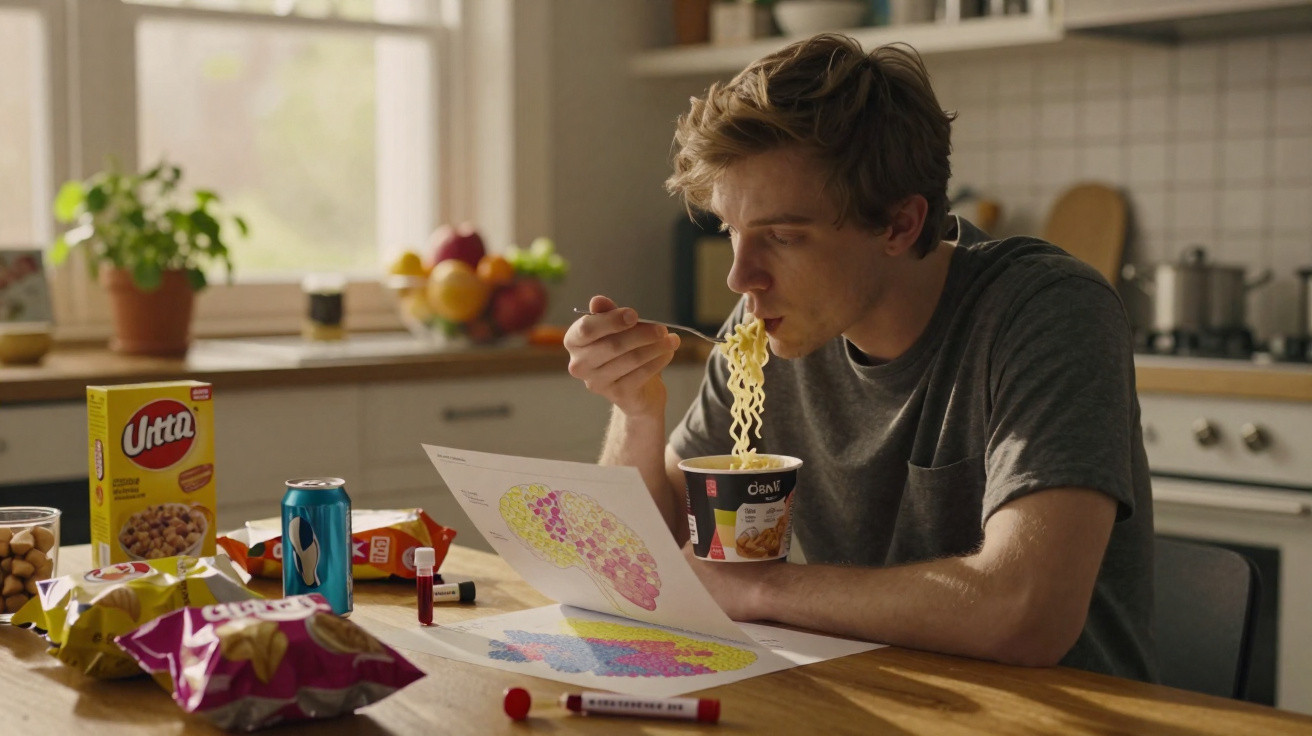Homem jovem a comer noodles numa cozinha, com snacks e um desenho colorido sobre a mesa.