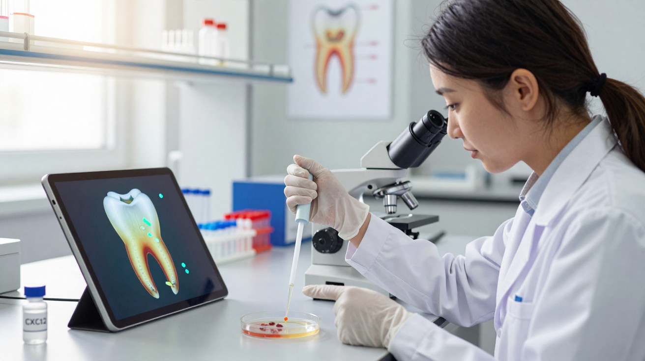 Cientista em laboratório analisa amostras com microscópio e imagens digitais de um dente.