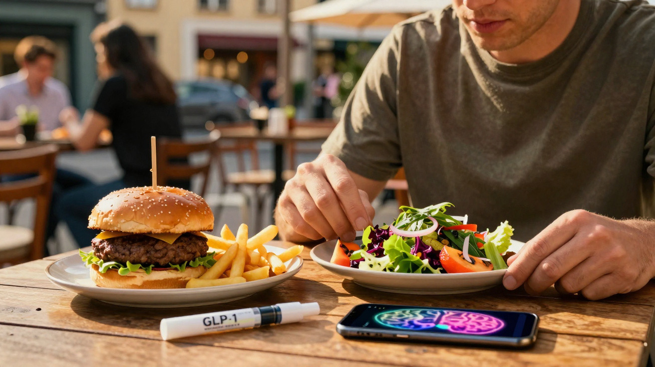 Homem a comer salada num restaurante com hambúrguer e batatas fritas à sua frente numa mesa de madeira.