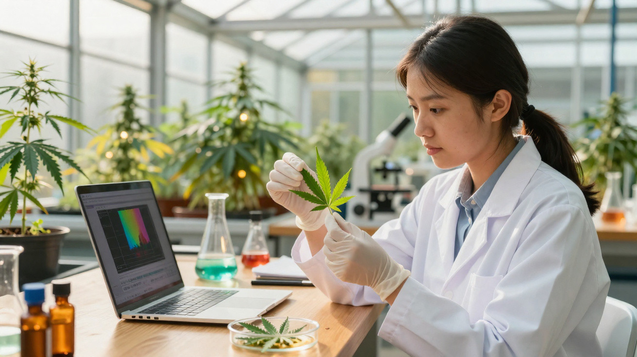 Cientista em laboratório examina folha de planta de cannabis com luvas, com laptop e plantas ao fundo.