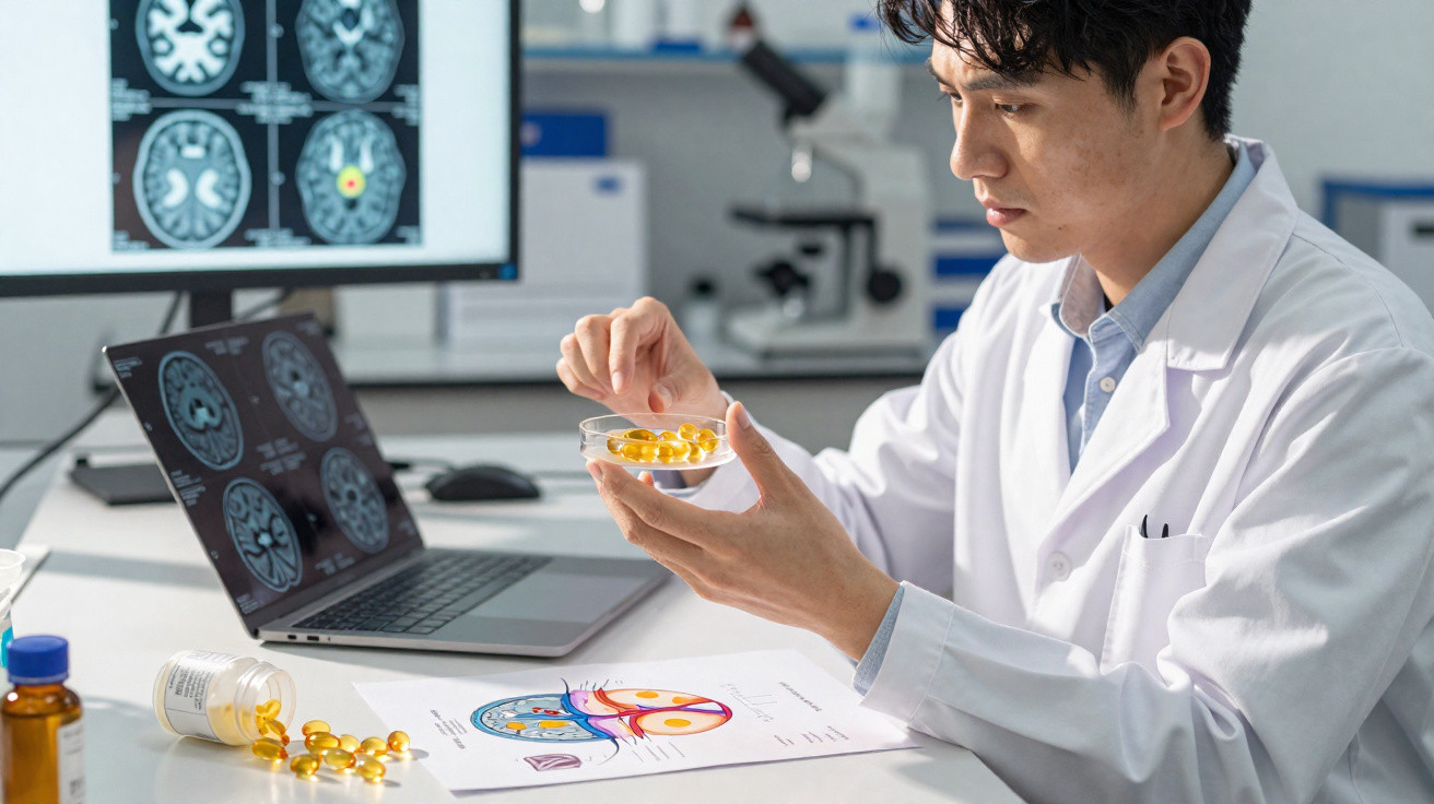 Cientista analisa cápsulas amarelas enquanto estuda imagens cerebrais num laboratório moderno.