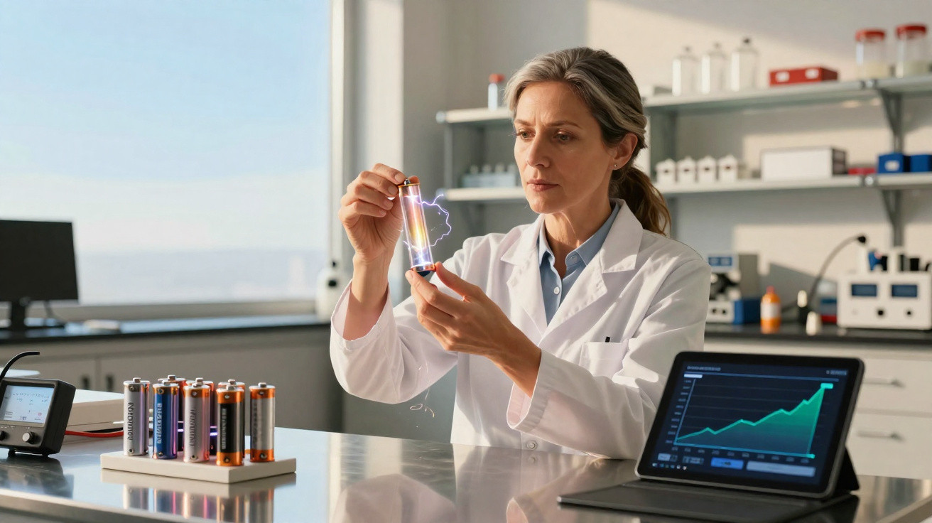 Cientista mulher em laboratório analisando bateria enquanto um tablet mostra gráfico de crescimento.