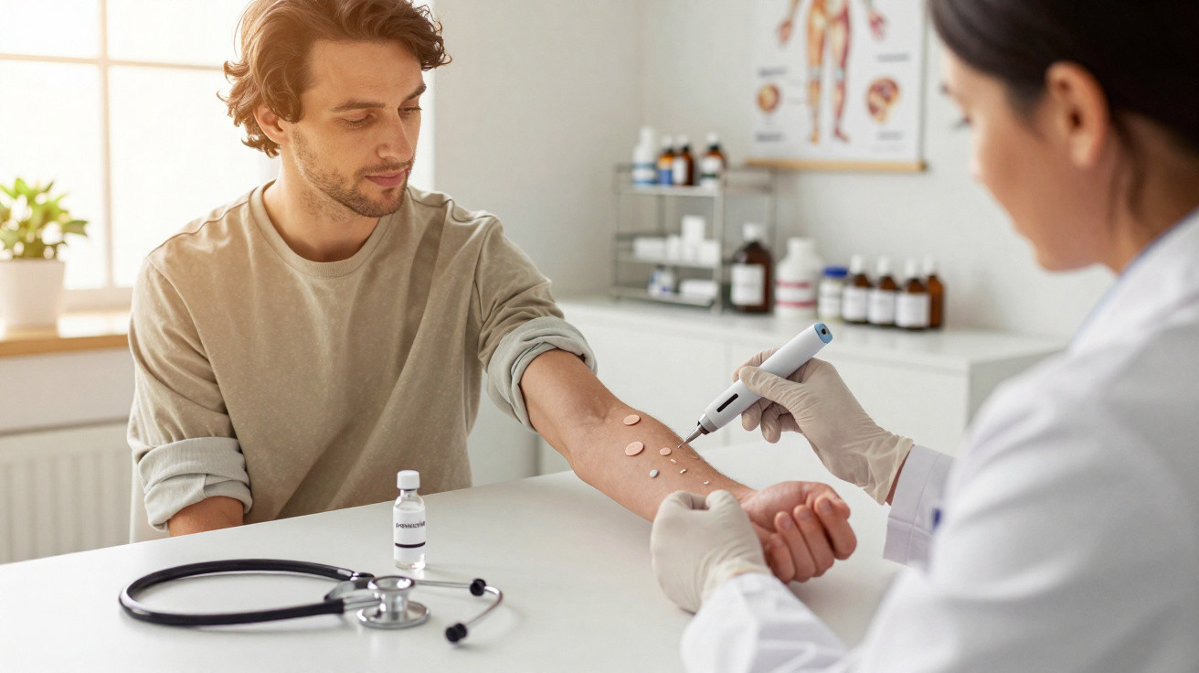 Médica realiza teste de alergia no antebraço de paciente num consultório clínico.