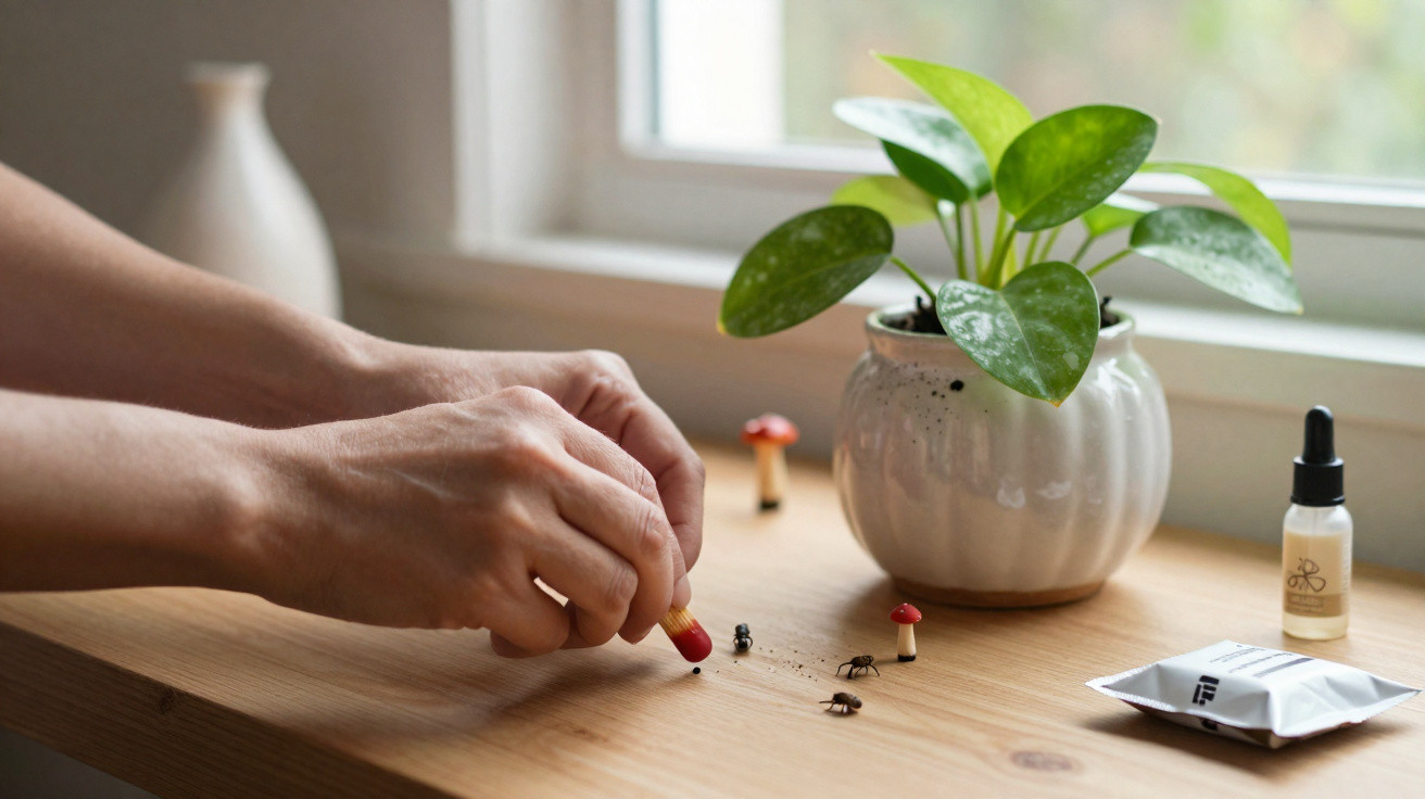 Mãos a preparar incenso próximo de vaso com planta e pequenas cogumelos de brincar sobre mesa de madeira.